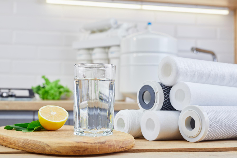 A glass of water resting on a kitchen cutting board next to a cut lemon with water filters in the background.