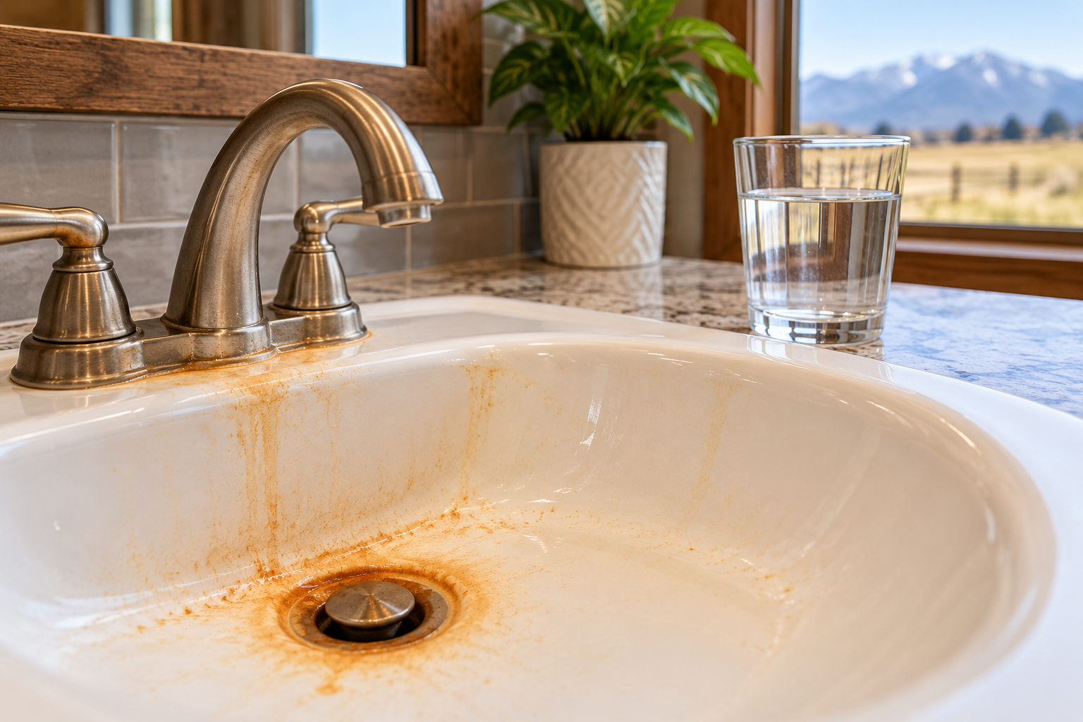 White sink with orange iron staining around the drain beside a clear glass of well water.